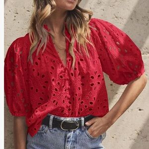 Eyelet Puff-Sleeve Blouse - Red